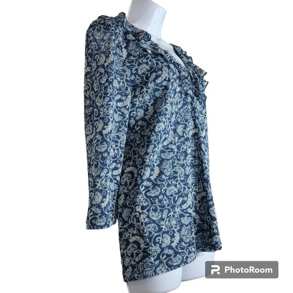 Chaps Blouse, Women's LG, Blue Floral Abstract w/Waterfall Ruffle Collar, EUC - Picture 5 of 11